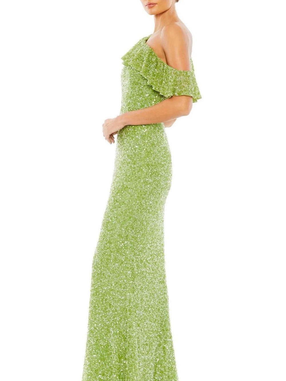 Mac Duggal 5611 Ruffled Asymmetrical Neck Sequin Prom Gown Key Lime With Detail - Picture 4 of 16